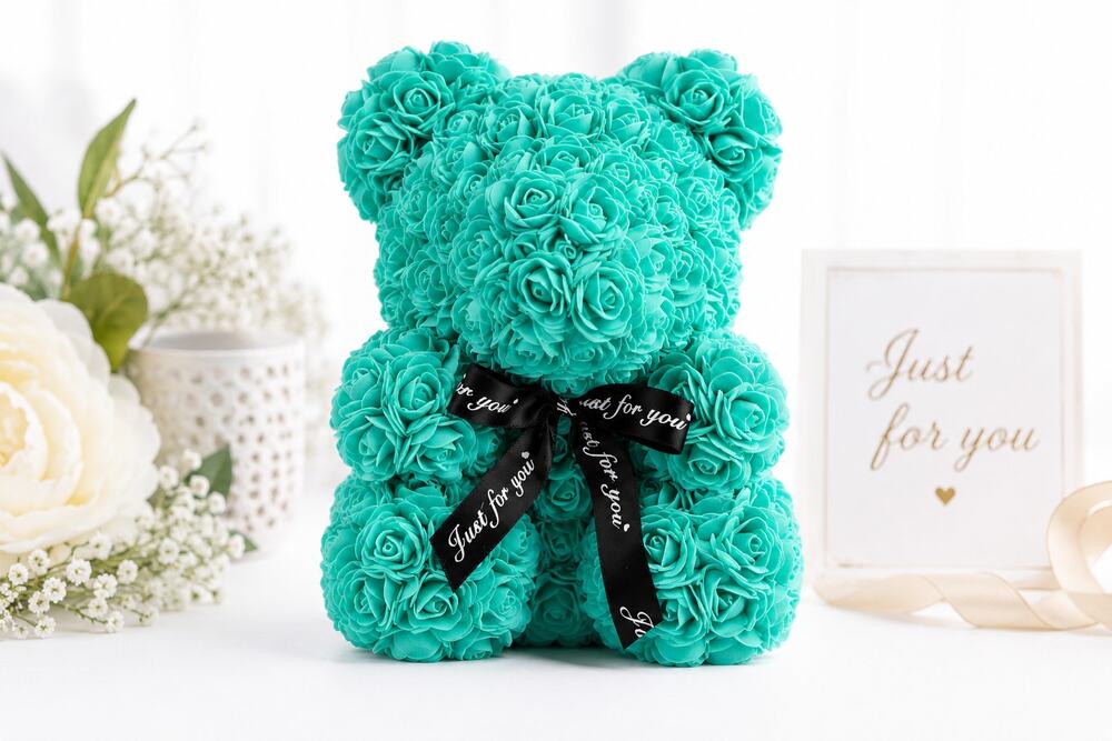 Turquoise Rose Teddy Bear Handmade Foam Rose Bear Gift Decor 10" Tall